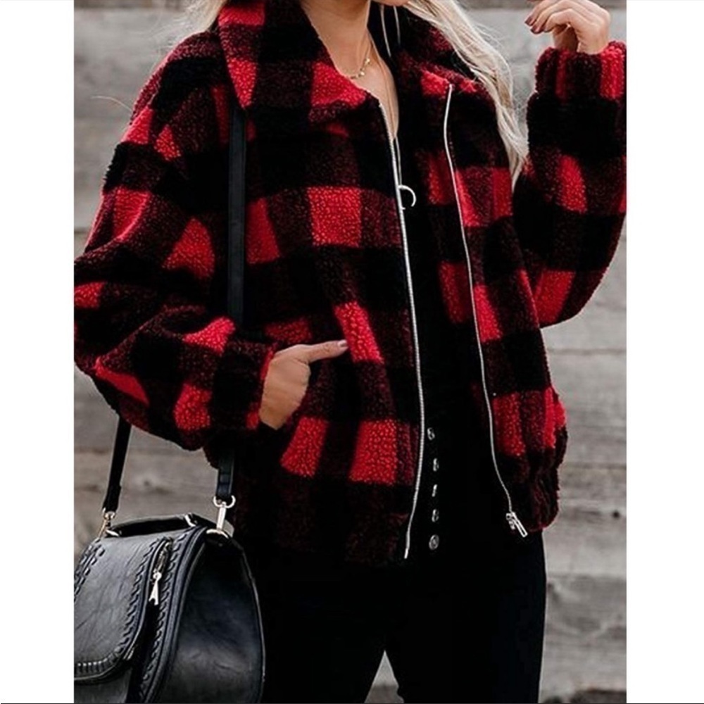 Plaid jacket fuzzy sherpa coat